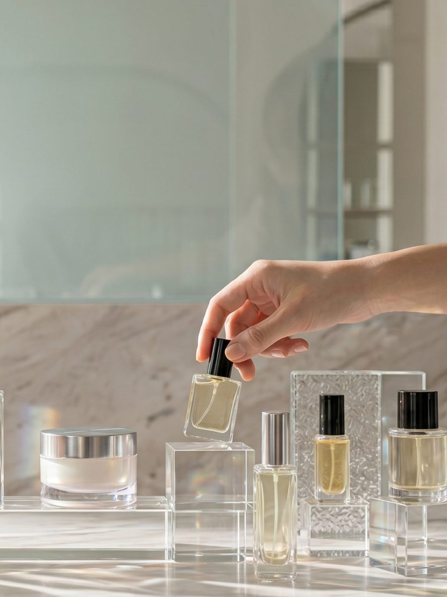 Flaconi di profumo su cubi di cristallo e marmo, una mano ne solleva uno