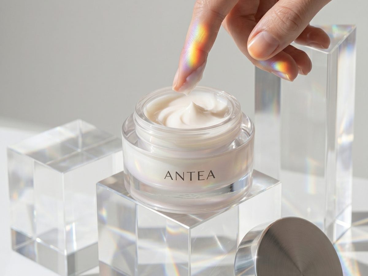 Vasetto di crema Antea su cubi di cristallo attraversati da riflessi prismatici