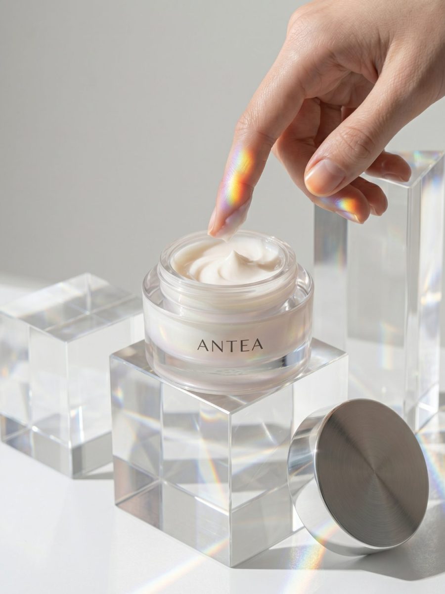 Vasetto di crema Antea su cubi di cristallo attraversati da riflessi prismatici