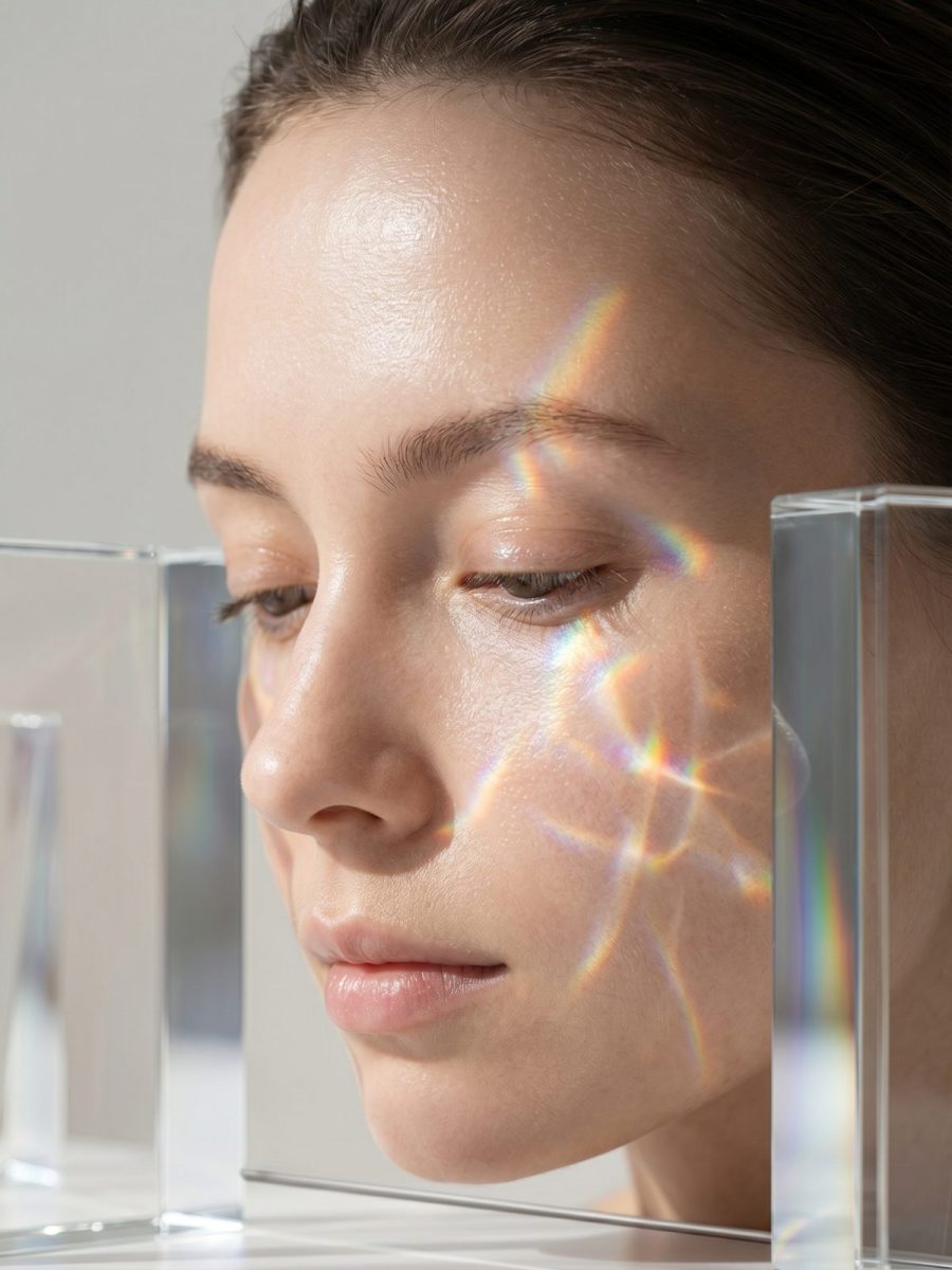 Volto di donna tra lastre di cristallo con riflessi di luce prismatica