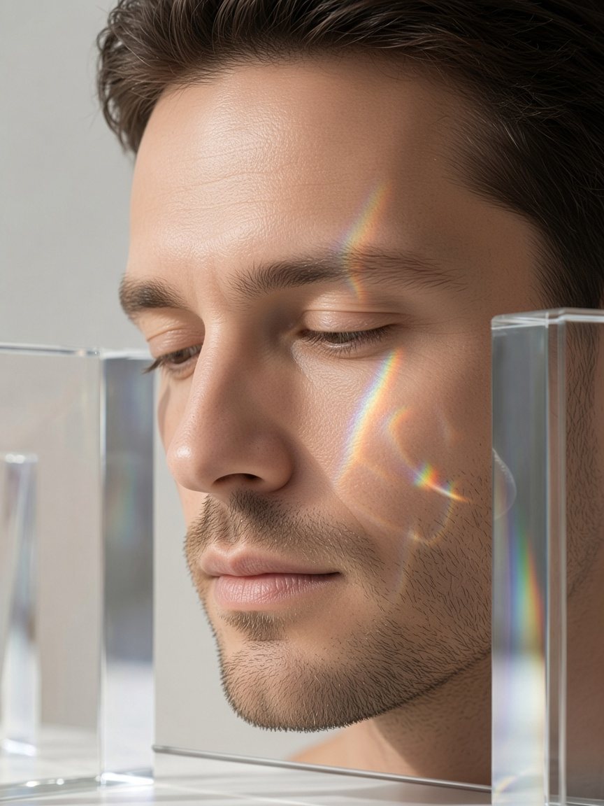 Volto di uomo tra lastre di cristallo con riflessi di luce prismatica